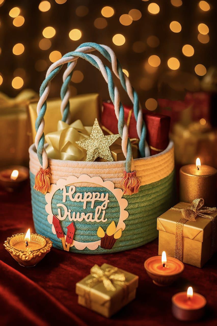 Happy Diwali Jute Cotton Gift Basket/ Bag