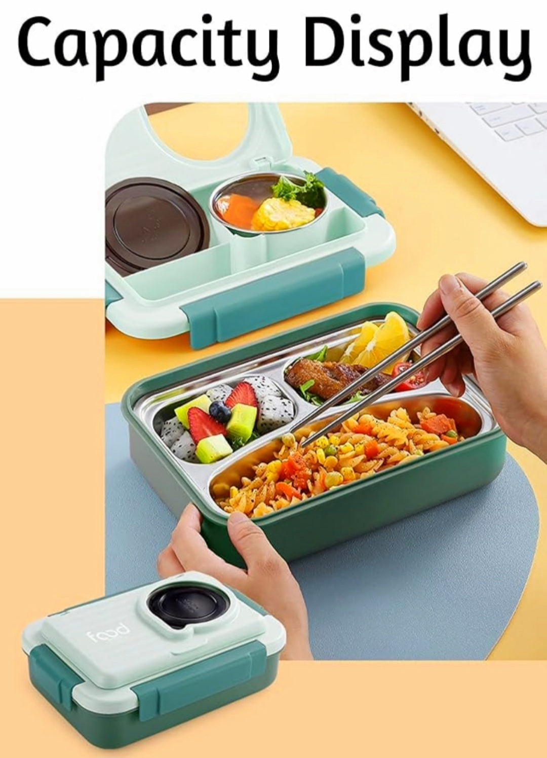 Bento 3 Grid Stainless Steel Lunch Box- 750ML+150ML
