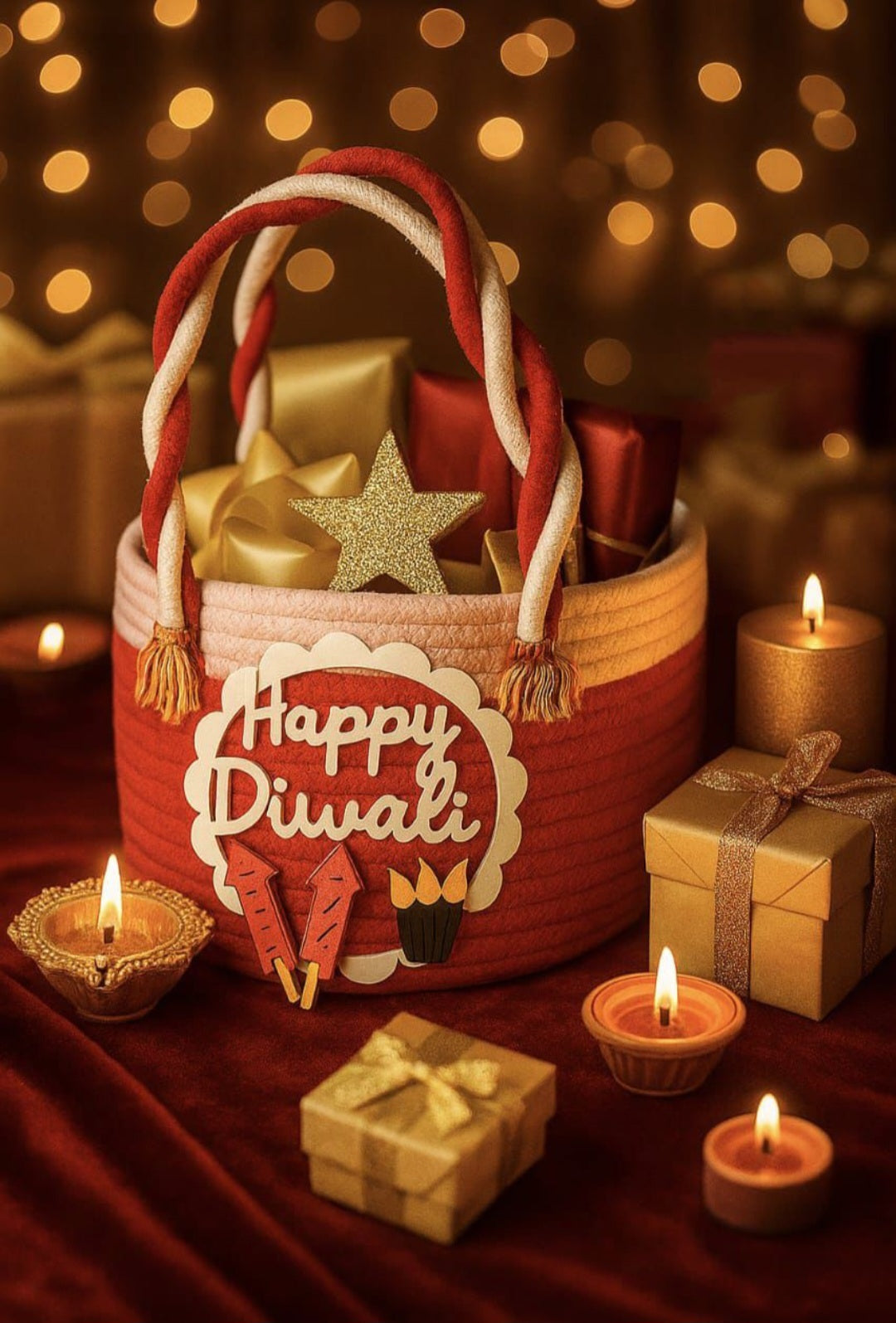 Happy Diwali Jute Cotton Gift Basket/ Bag